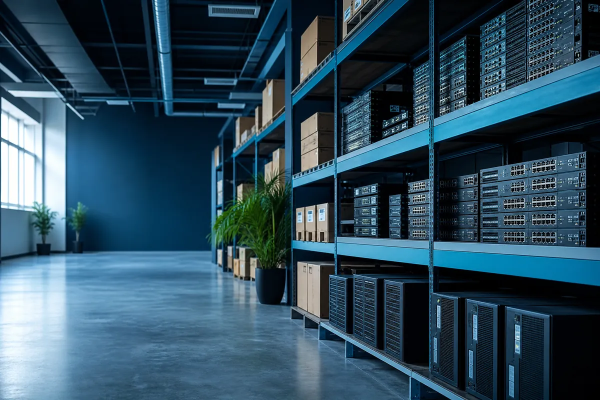 Organised Peta Networks warehouse with network hardware ready for collection